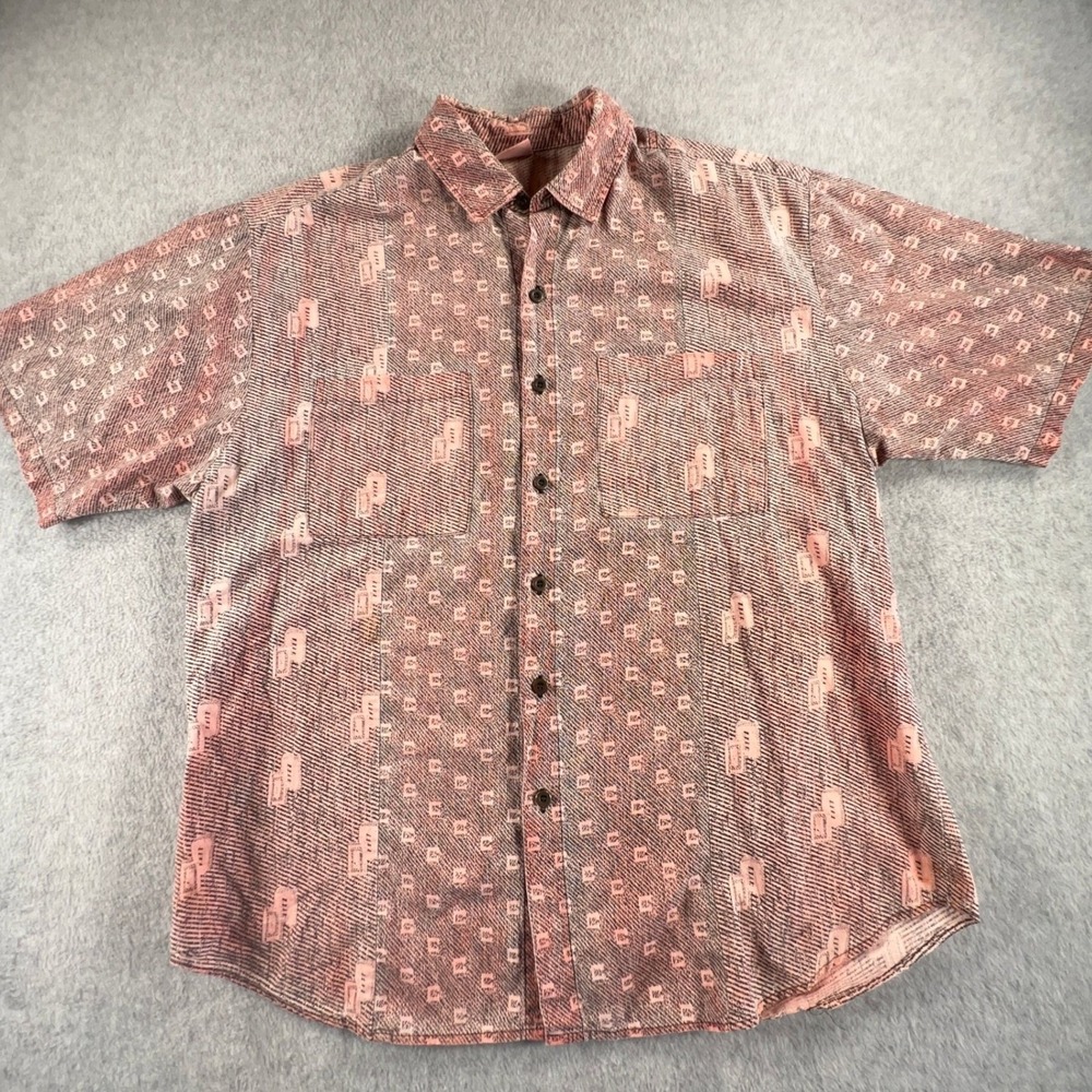 Spire Mens Pink Black Geometric Abstract Print Short Sleeve Button Down Shirt L